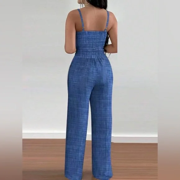 •Baddie Blues• Denim & Linen Look Two Piece Cropped Top & Bottom Set - Picture 2 of 3